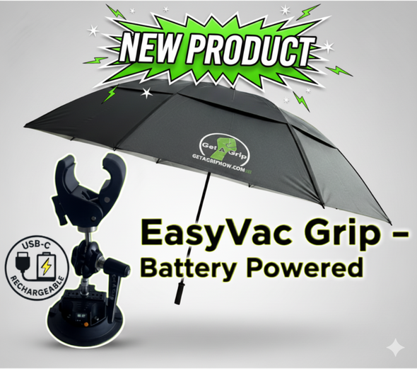 Black umbrella with Automatic EasyVac Grip and USB-C rechargeable feature on a gray background